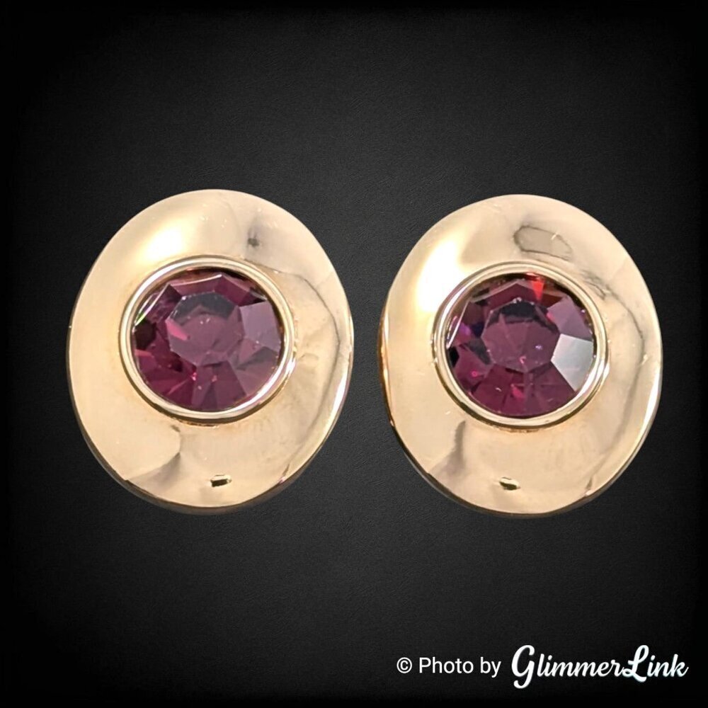 Vintage SAL Swarovski Purple Crystal Bezel Set Oval Gold Tone Clip On Earrings